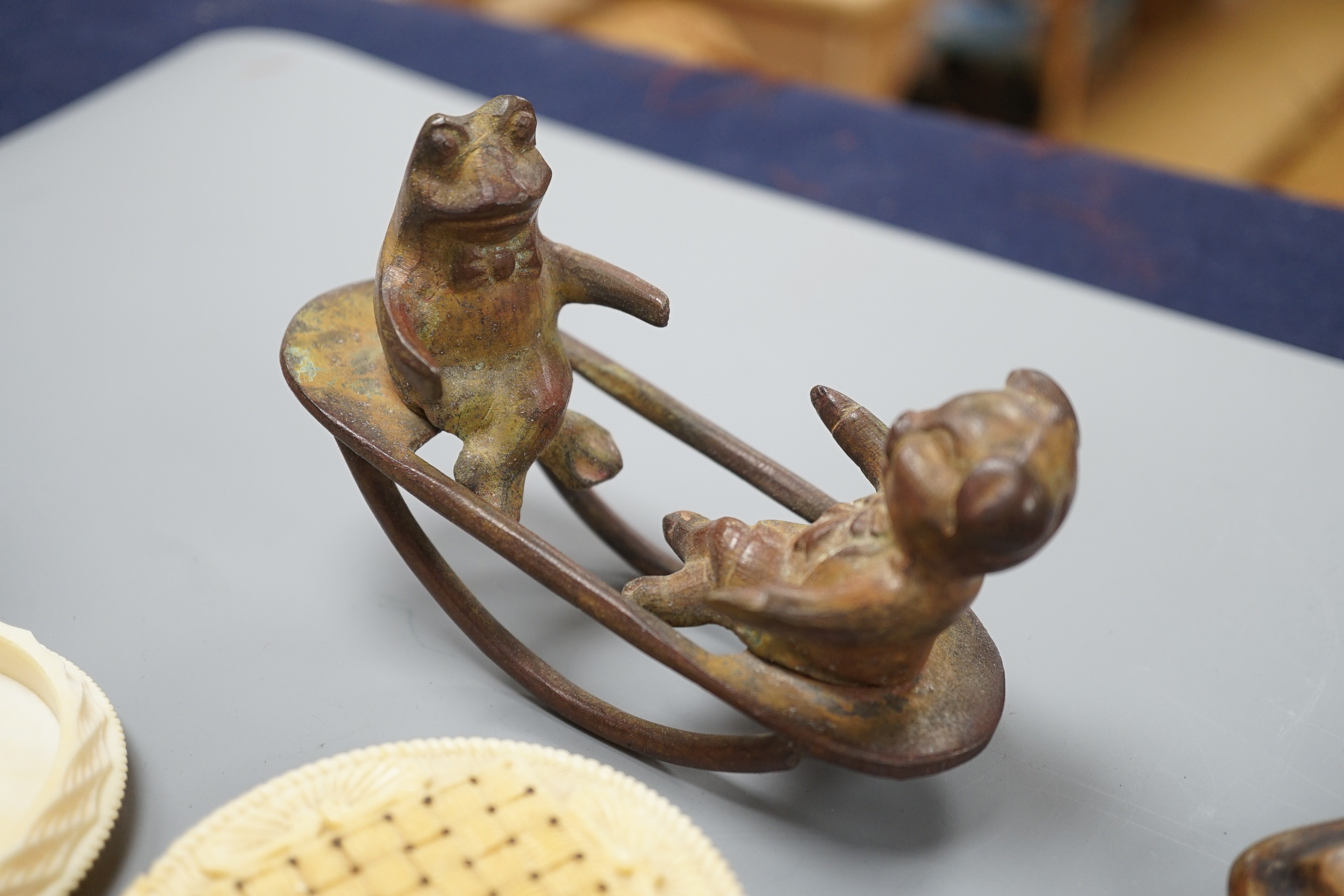 A 19th century engine turned ivory snuff box, scales, boxes etc.
